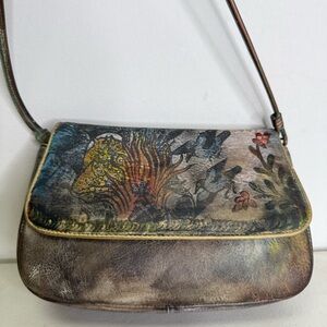 NEW Jane Yoo Vintage Leather Floral Animal Bird Print Shoulder Bag 8x5”
